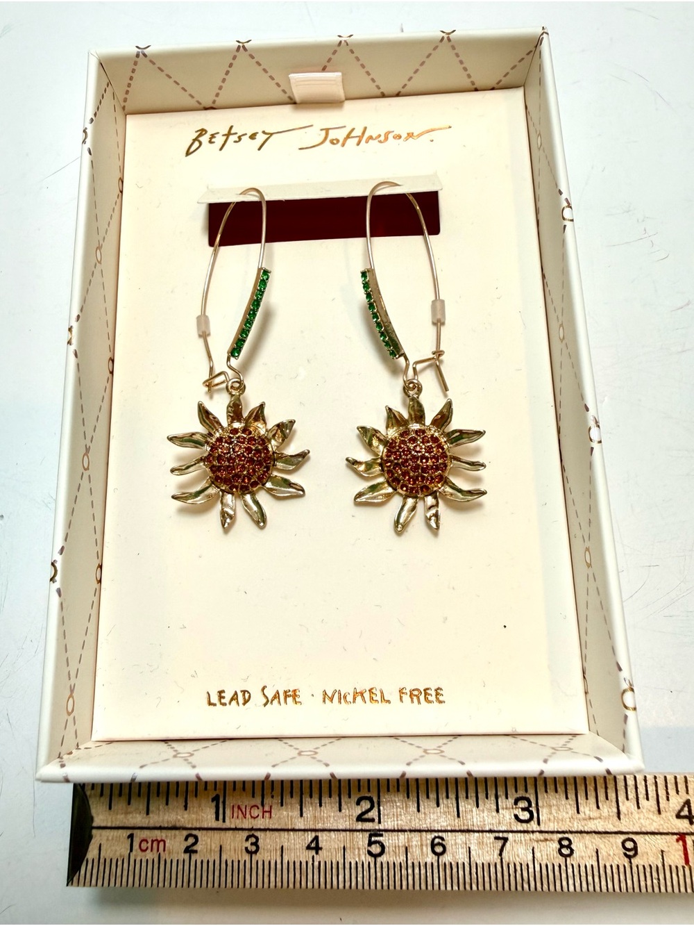 * Betsey Johnson Gold Sunflower Dangle Earrings with Green & Bronze Crystals